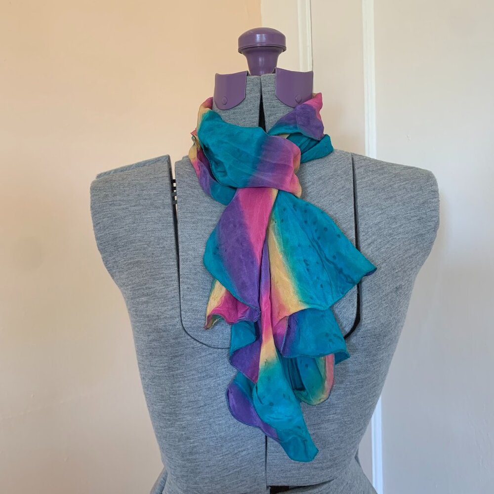 Silk Rainbow Scarf Hand Dyed Stripe Multicolor Ruffle Shawl Artsy Watercolor 54”